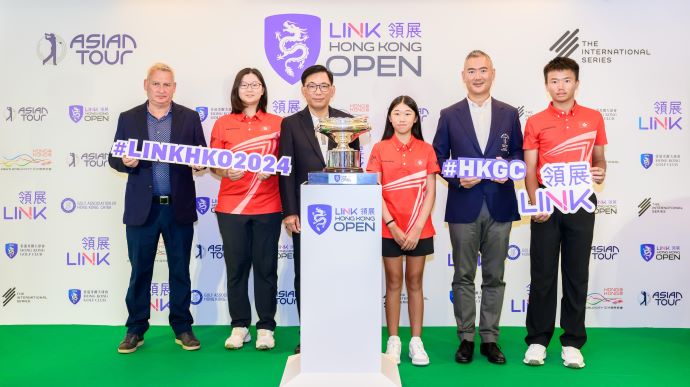 <p>Asian Tour COO David Rollo (left), Link Asset Management Limited CEO George Hongchoy (third from left), and Hong Kong Golf Club captain Andy Kwok (second from right) join Golf Association of Hong Kong China Junior Team squad members: Michelle Wong (second from left), Alanna Tee (third from right) and Dennis Chan (right) at today’s media launch of the Link Hong Kong Open.</p>
